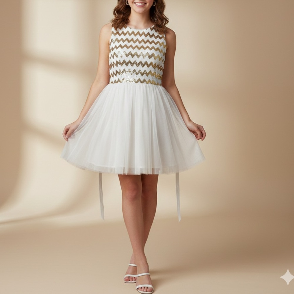 Josh & Jazz Women’s Dress Sz 7/8 Gold Sequin White Tulle Party Formal Sleeveless